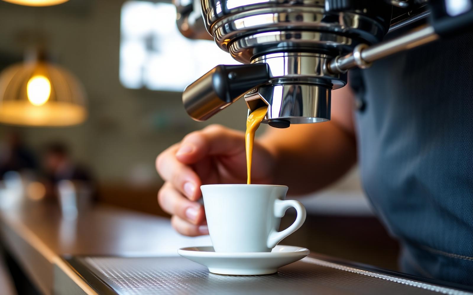 Close-up of fresh espresso flowing from a polished commercial portafilter into a small white porcelain cup, crema forming under warm pendant light in a UK independent café