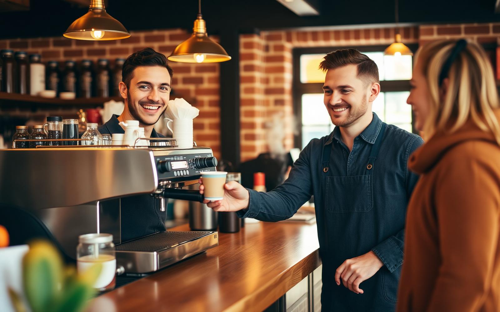 Smiling UK barista in a denim apron handing a takeaway coffee across a polished timber counter to a happy regular customer, exposed brick wall and brass pendant lights in the warm morning light