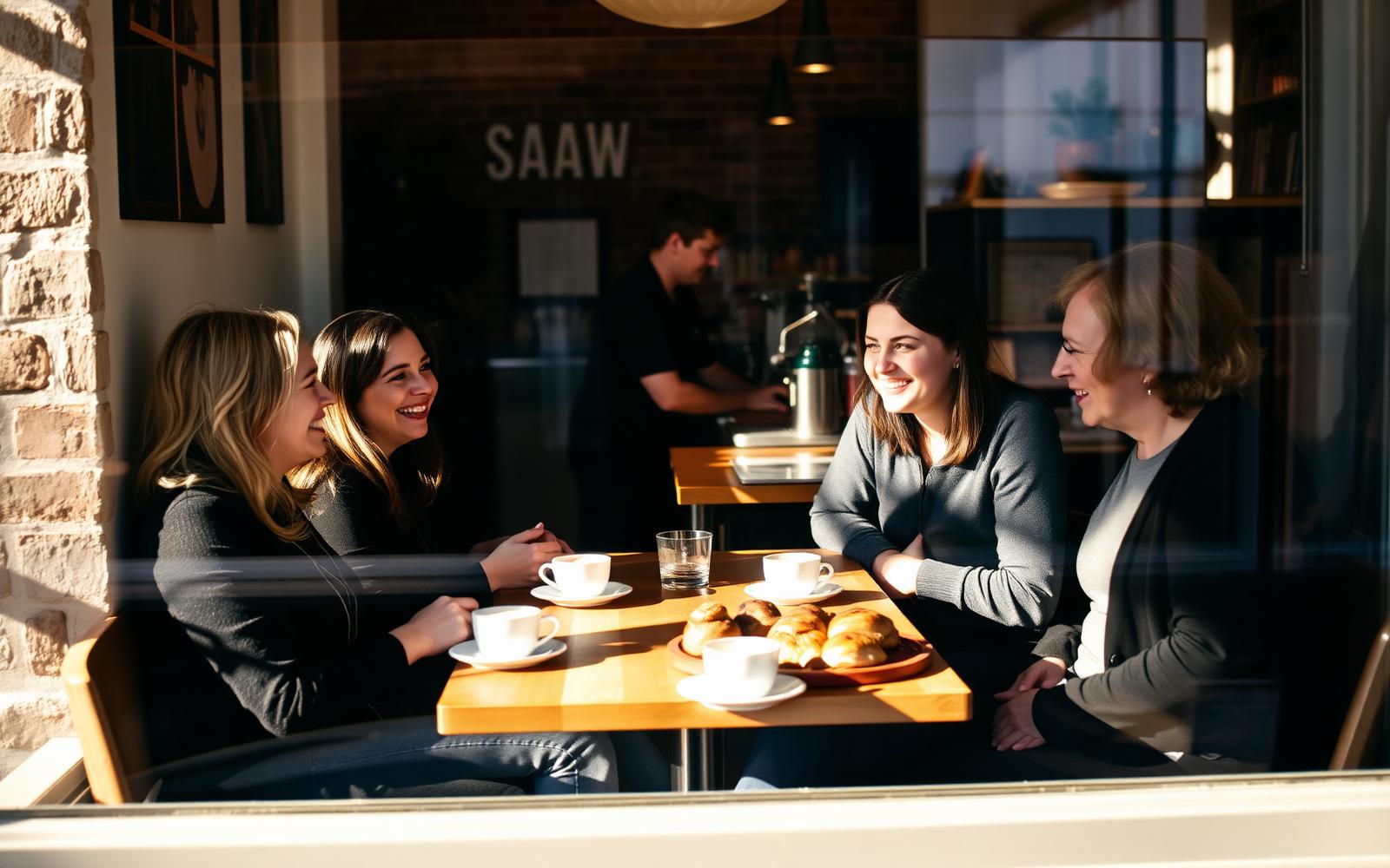 Bright morning UK café scene viewed through the window: four happy customers chatting around a wooden table over flat whites and a sharing platter of pastries, soft sunlight pouring in