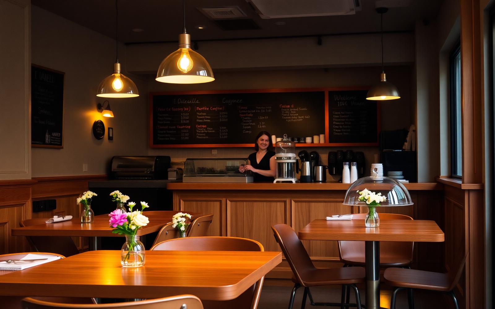 Atmospheric quiet UK café interior at late afternoon: empty tables set neatly with small flower vases, glowing pendant lights, a single barista at the counter wiping a glass cake dome