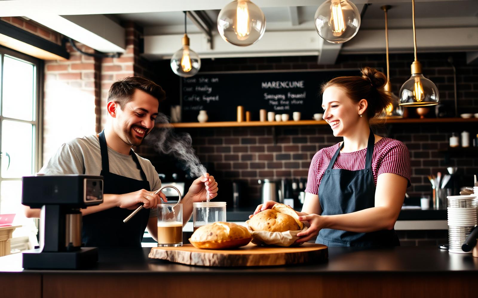 Two friendly UK café baristas working side-by-side behind a busy independent café counter, one steaming milk and the other plating fresh pastries, both smiling and chatting under warm pendant lights