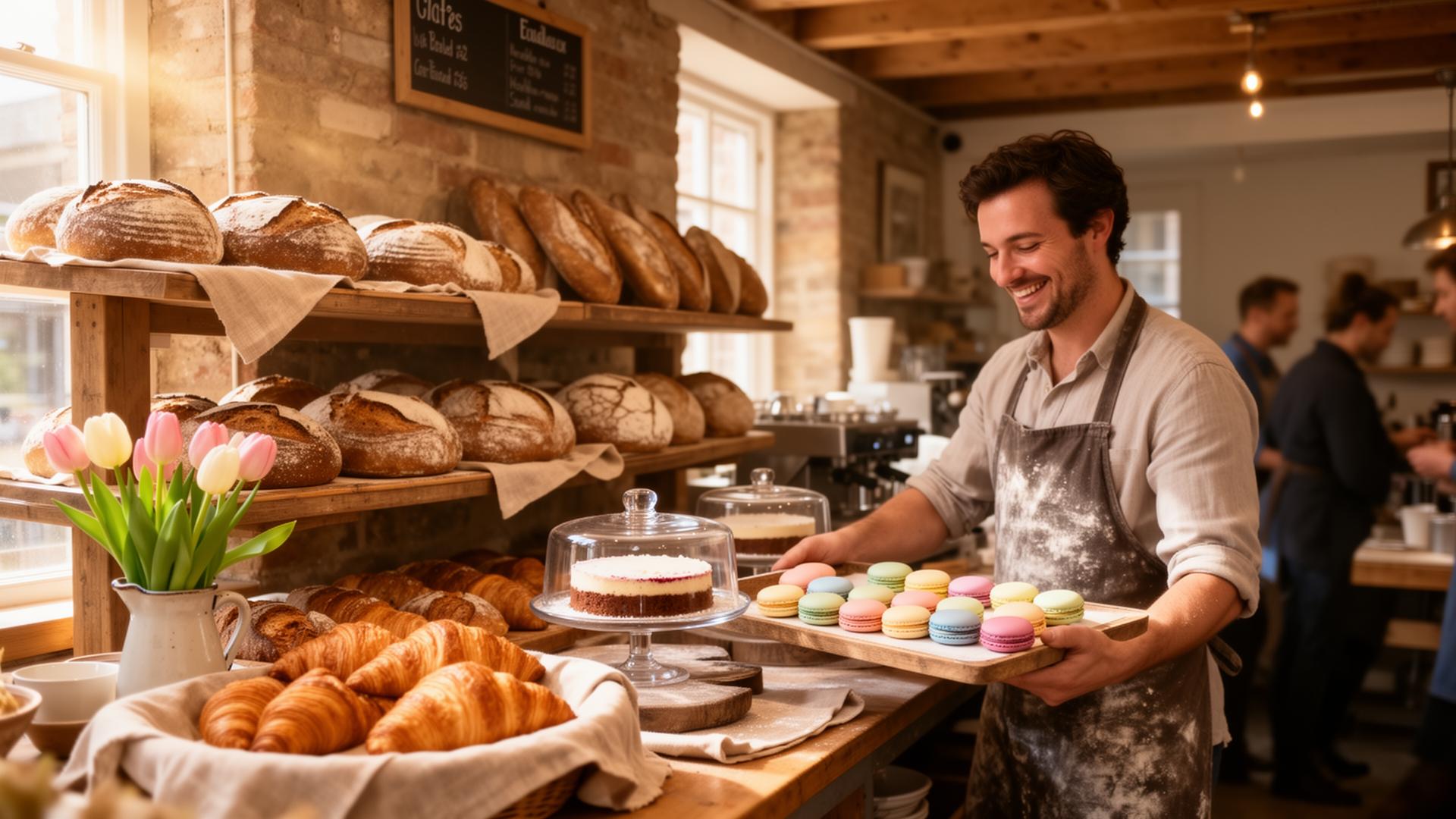 Smiling artisan baker in a flour-dusted apron arranging fresh sourdough loaves, golden croissants and pastel macarons inside a warm independent UK bakery café