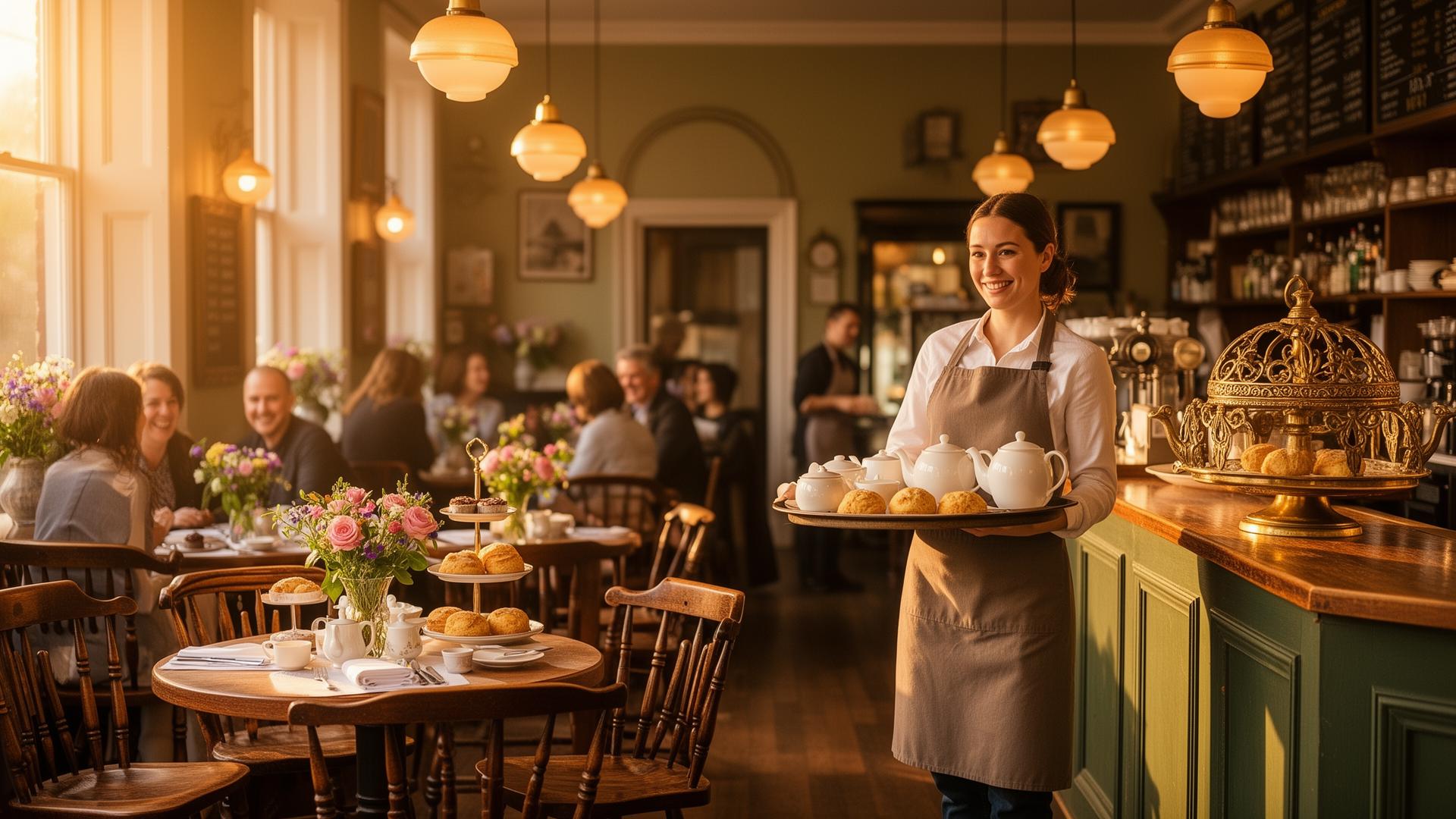 Friendly server in an apron carrying a tray of teapots and freshly baked scones through a warmly lit traditional UK tea room at golden hour, happy guests seated at vintage tables