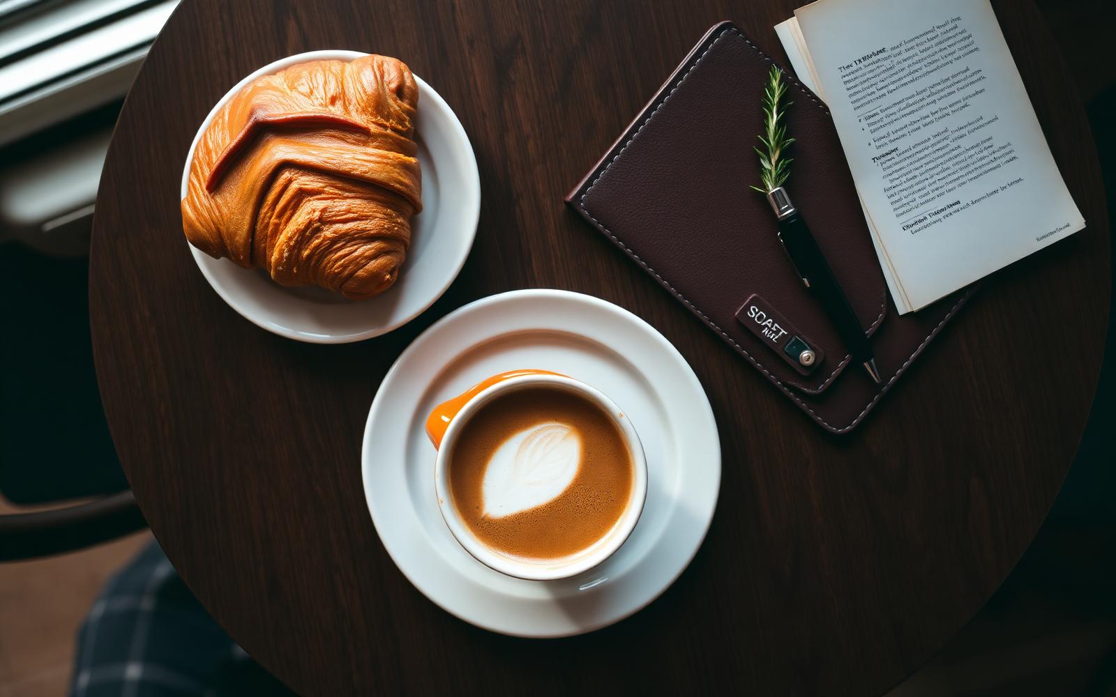 Warm overhead flat-lay of a flat white with leaf latte art, a buttery croissant, a leather notebook with fountain pen and a sprig of rosemary on a dark walnut café table lit by soft side-window light