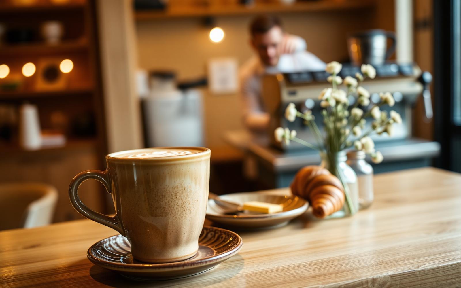 Warm editorial close-up of a beautifully crafted cappuccino with rosetta latte art beside an almond croissant and a small jar of wildflowers on a wooden café table, blurred barista at the espresso machine behind