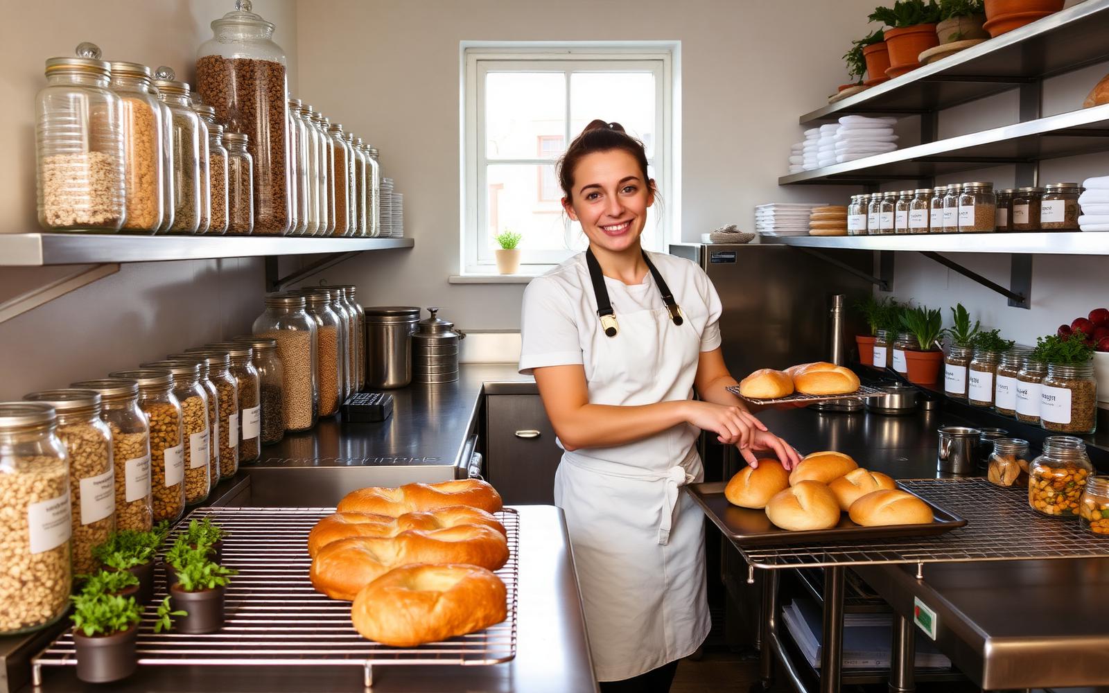 Beautifully organised UK café back-of-house prep area: smiling young chef in a white apron arranging fresh bread on stainless steel benches, neat rows of labelled jars and pots of herbs on the shelves