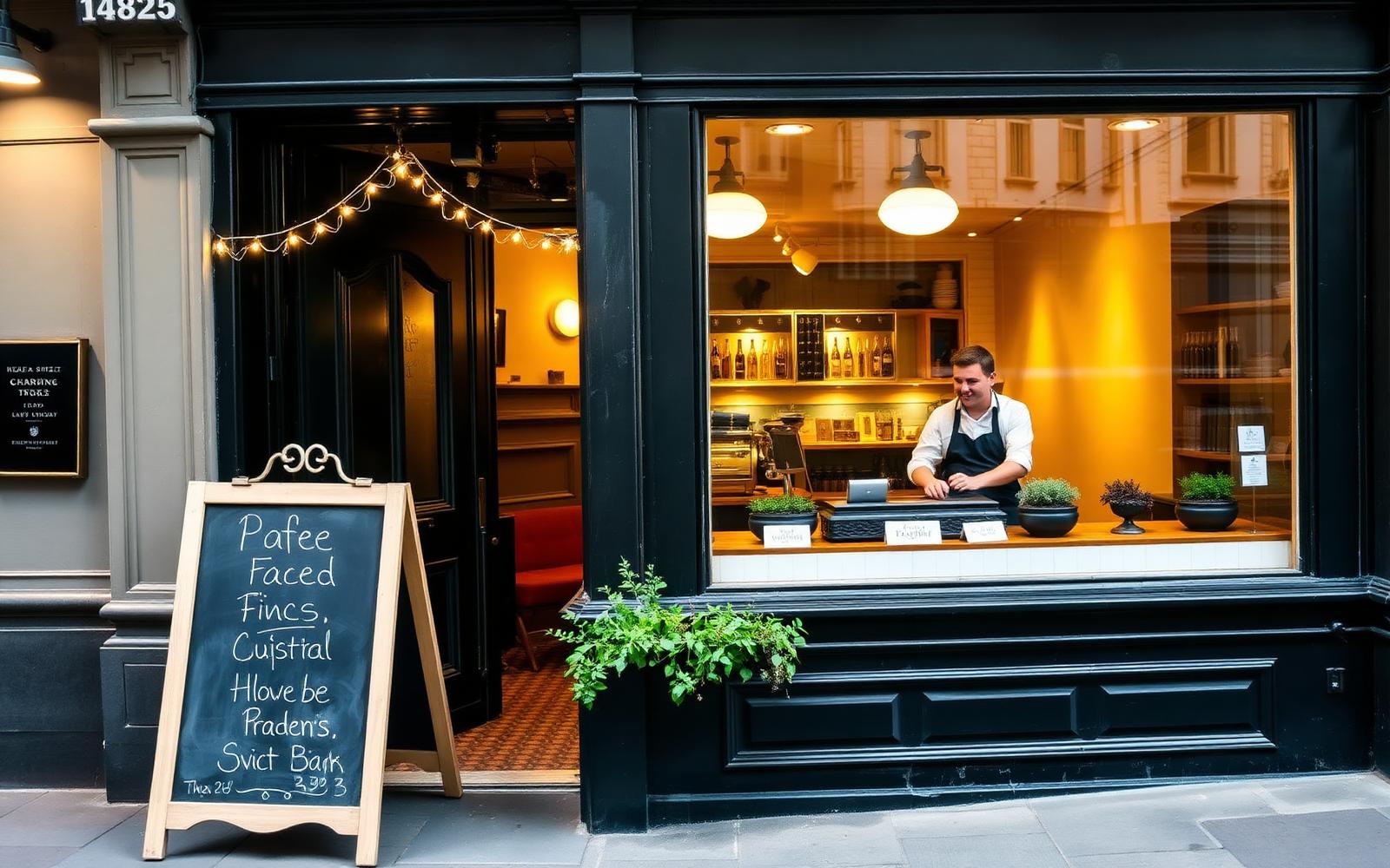 Charming exterior of an independent UK high-street café at early morning with a chalked A-board, fairy lights inside the window and a smiling barista visible behind the polished plate-glass shopfront