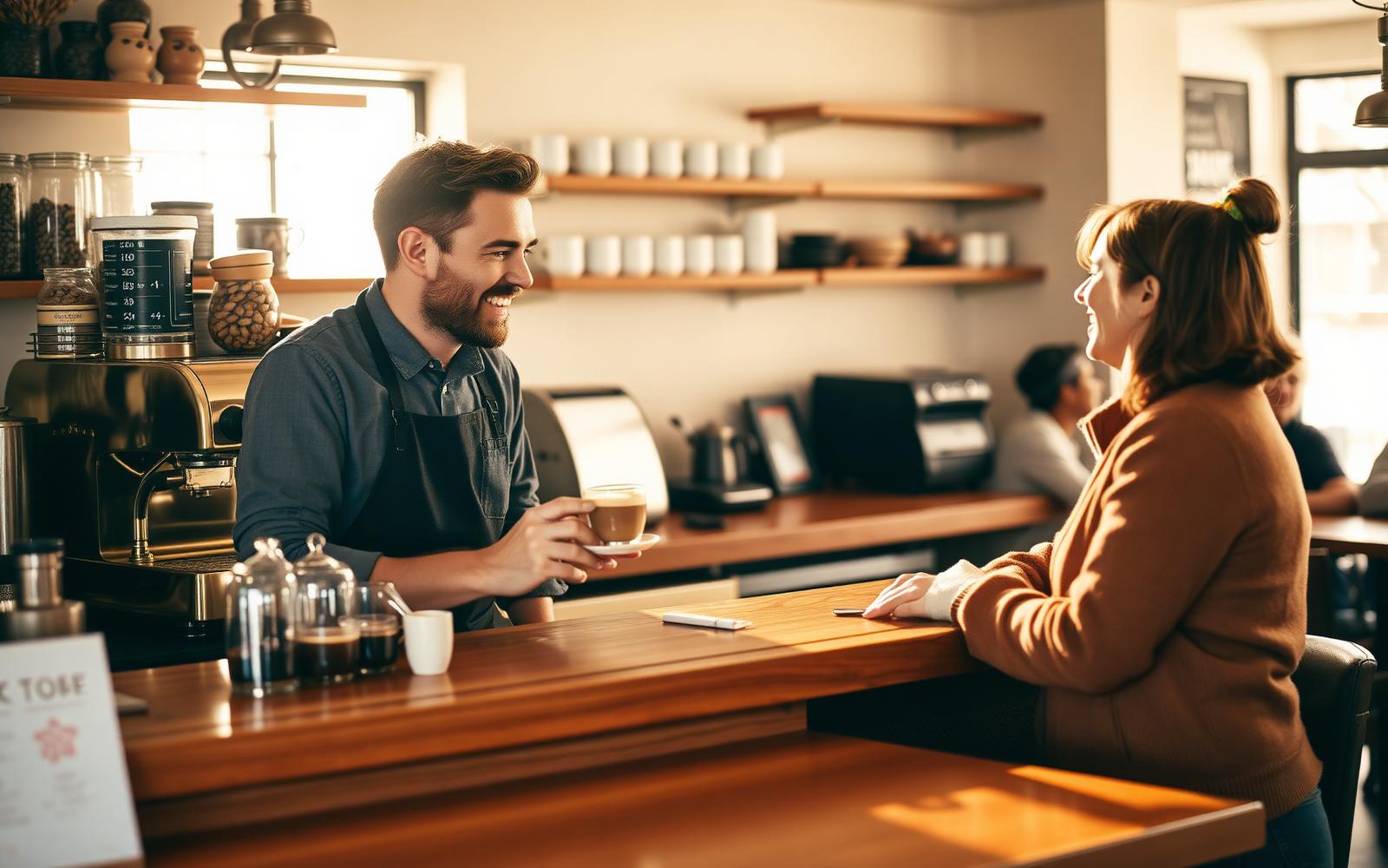 Heartwarming UK café scene: smiling barista in a denim apron chatting warmly with a returning regular customer across a polished walnut counter, a freshly poured flat white between them in the morning light