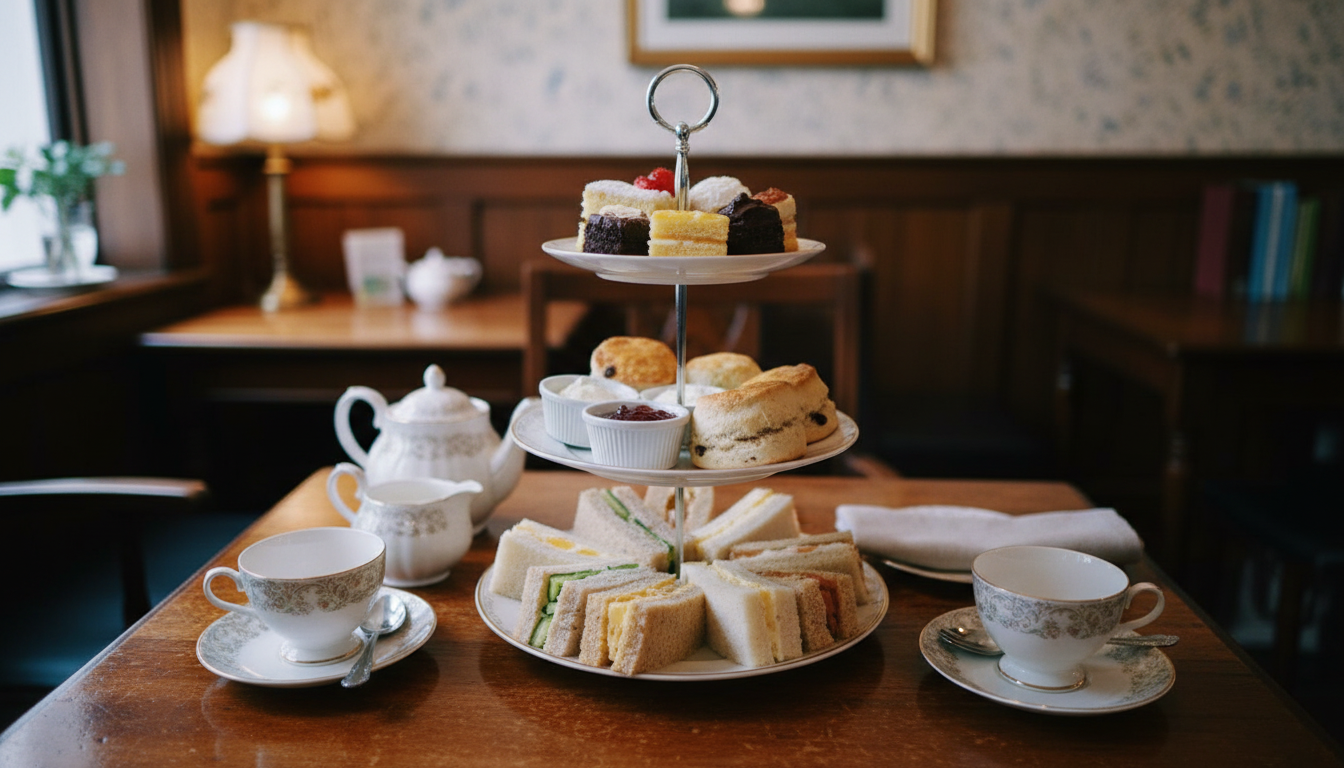 Premium afternoon tea presentation on a three-tier stand with sandwiches, scones, and cakes on a wooden table in a UK tea room
