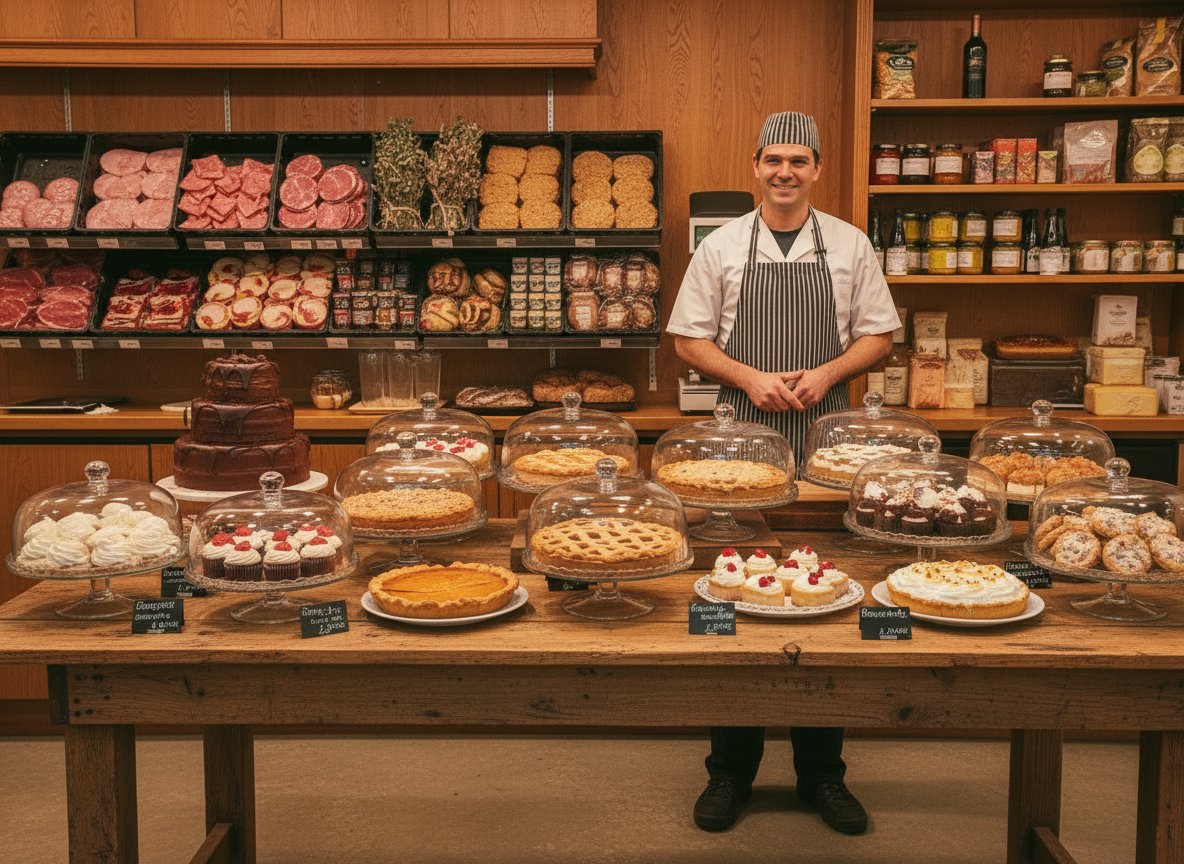 Shelves of artisan olive oils, cheeses and cured produce inside an independent UK deli café with seating to the side