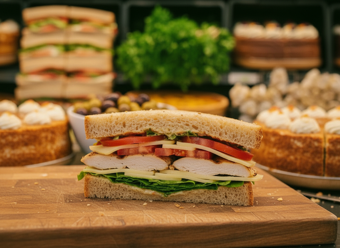 Artisan UK sandwich bar counter displaying fresh sourdough sandwiches, baguettes and salads ready for lunchtime service